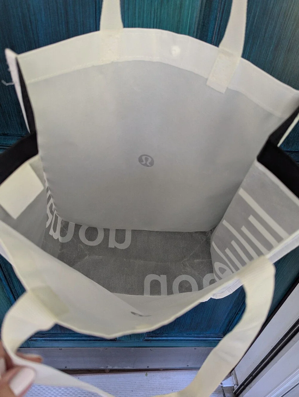 Lululemon Reusable Shopping Tote Bag | White Black Logo Snap Closure